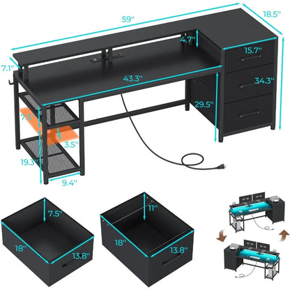 PowerCore™ RGB Desk – 59” Reversible Workstation with Drawers, LED Lights & Built-In Outlets