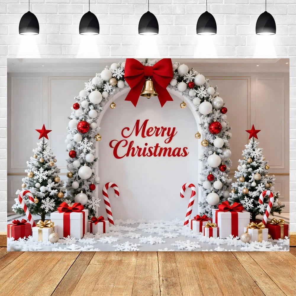 Holiday Arch Christmas Photography Backdrop – Red & Gold Festive Scene
