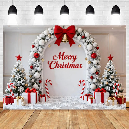 Holiday Arch Christmas Photography Backdrop – Red & Gold Festive Scene