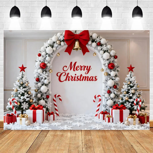 Holiday Arch Christmas Photography Backdrop – Red & Gold Festive Scene