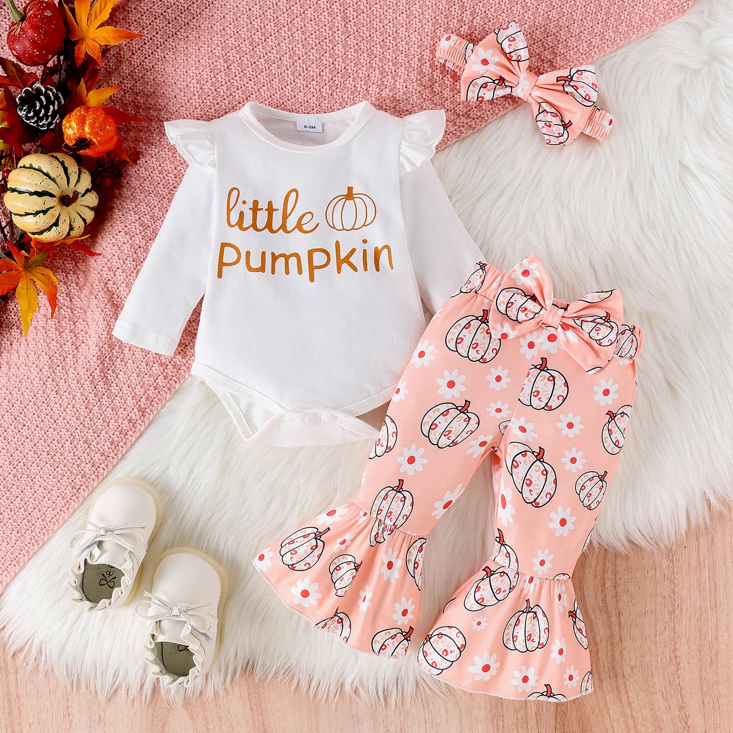 Little Pumpkin 3-Piece Baby Outfit – Long Sleeve Top, Pumpkin Pants & Bow Headband | Fall & Halloween Baby Set