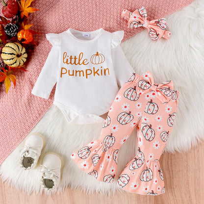 Little Pumpkin 3-Piece Baby Outfit – Long Sleeve Top, Pumpkin Pants & Bow Headband | Fall & Halloween Baby Set