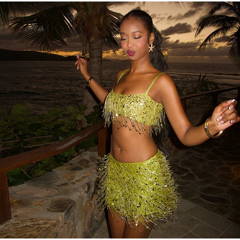 Unique Tassel Sequin Halter Tops Sparkling Waist Cinching Solid Color Mini Skirt Women's Casual Luxury Beach Women Glitter Suits