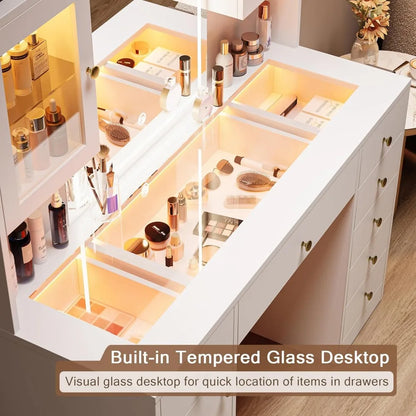 LuxeGlow LED Vanity Desk – Glass Top Makeup Table with 7 Drawers & 3 Cabinets