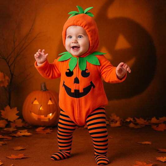 Baby Pumpkin Halloween Romper Set (Hooded + Pants + Hat)