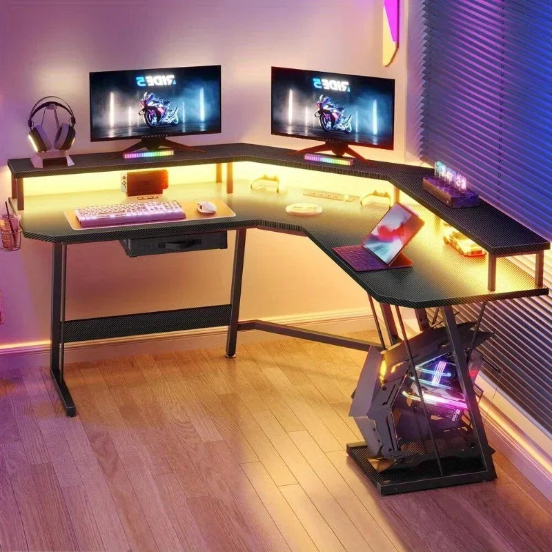 GlowZone™ RGB Gaming Desk – Corner Setup with Power Ports