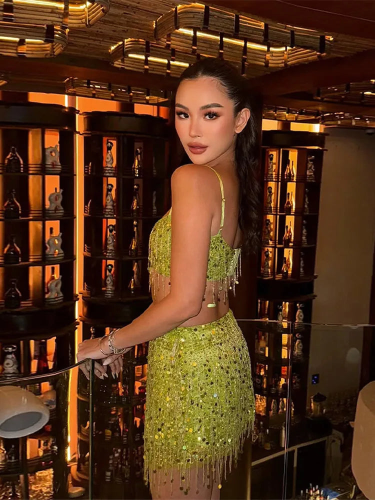 Unique Tassel Sequin Halter Tops Sparkling Waist Cinching Solid Color Mini Skirt Women's Casual Luxury Beach Women Glitter Suits