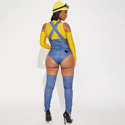 Minion Madness Women’s Cosplay Jumpsuit Set – Halloween Cartoon Character Costume