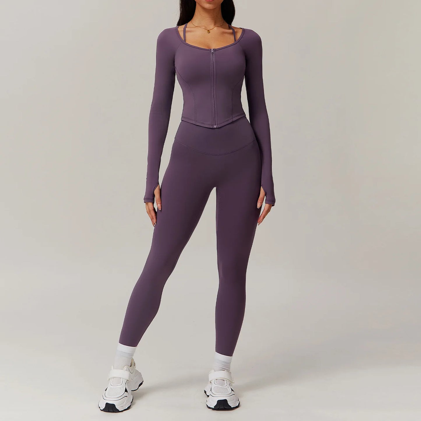 FitFlex 2-Piece Yoga Set: Long Sleeve Crop Top & High-Waist Leggings for Workout & Fitness
