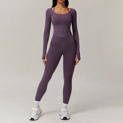 FitFlex 2-Piece Yoga Set: Long Sleeve Crop Top & High-Waist Leggings for Workout & Fitness
