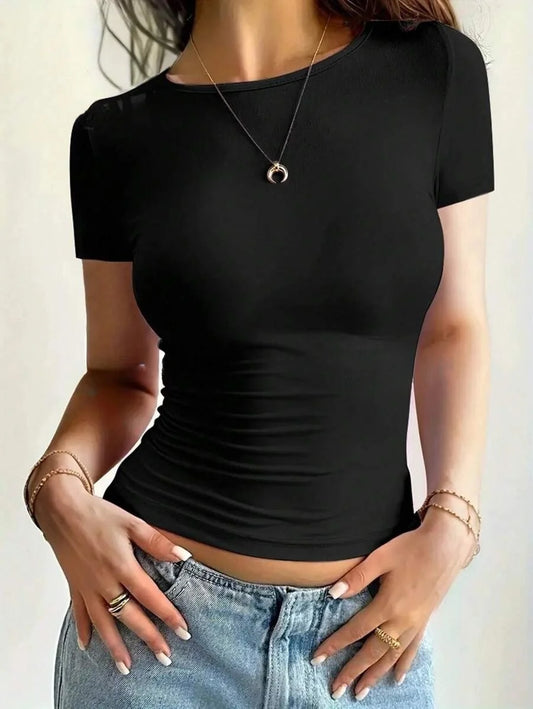Y2K Women's Slim Fit Scoop Neck Crop Top - Trendy Summer Essential