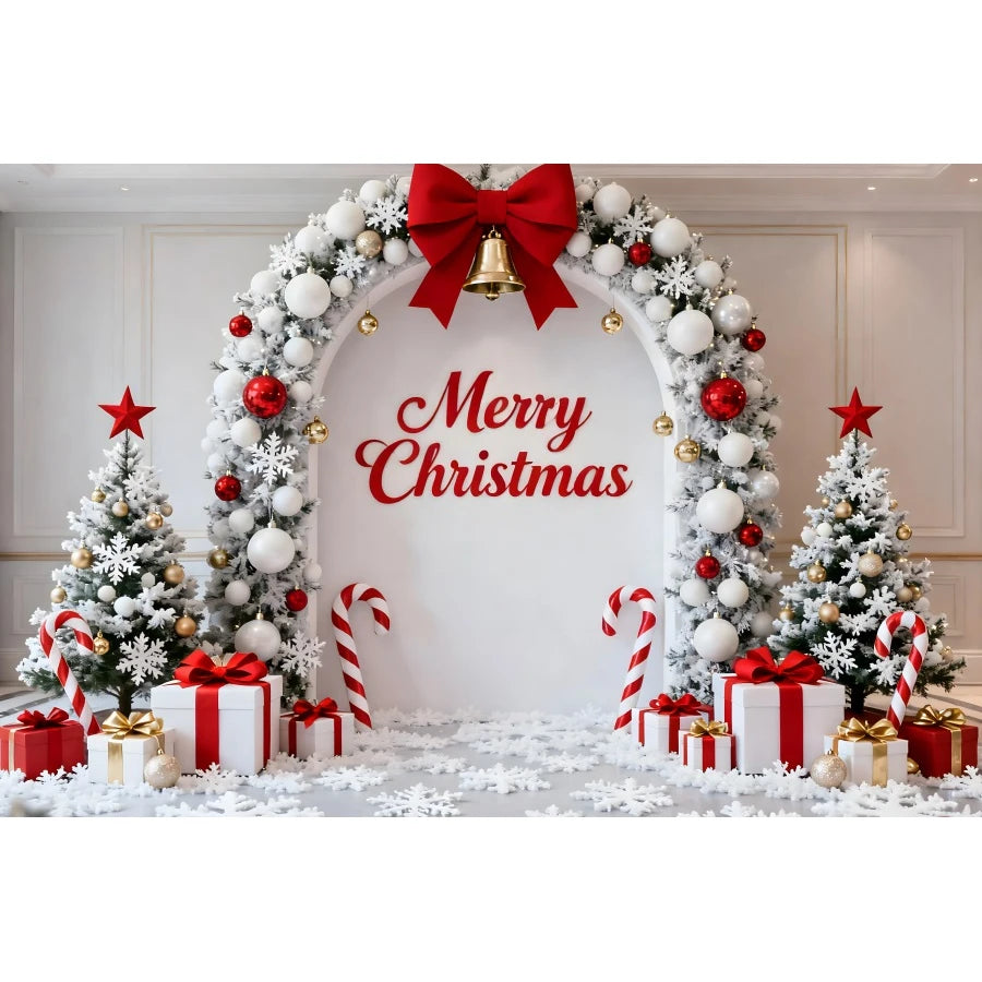 Holiday Arch Christmas Photography Backdrop – Red & Gold Festive Scene