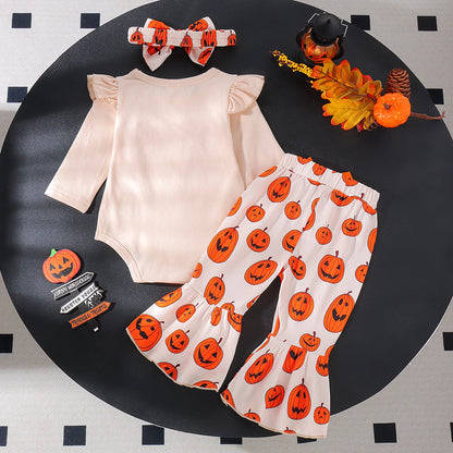 Little Pumpkin 3-Piece Baby Outfit – Long Sleeve Top, Pumpkin Pants & Bow Headband | Fall & Halloween Baby Set