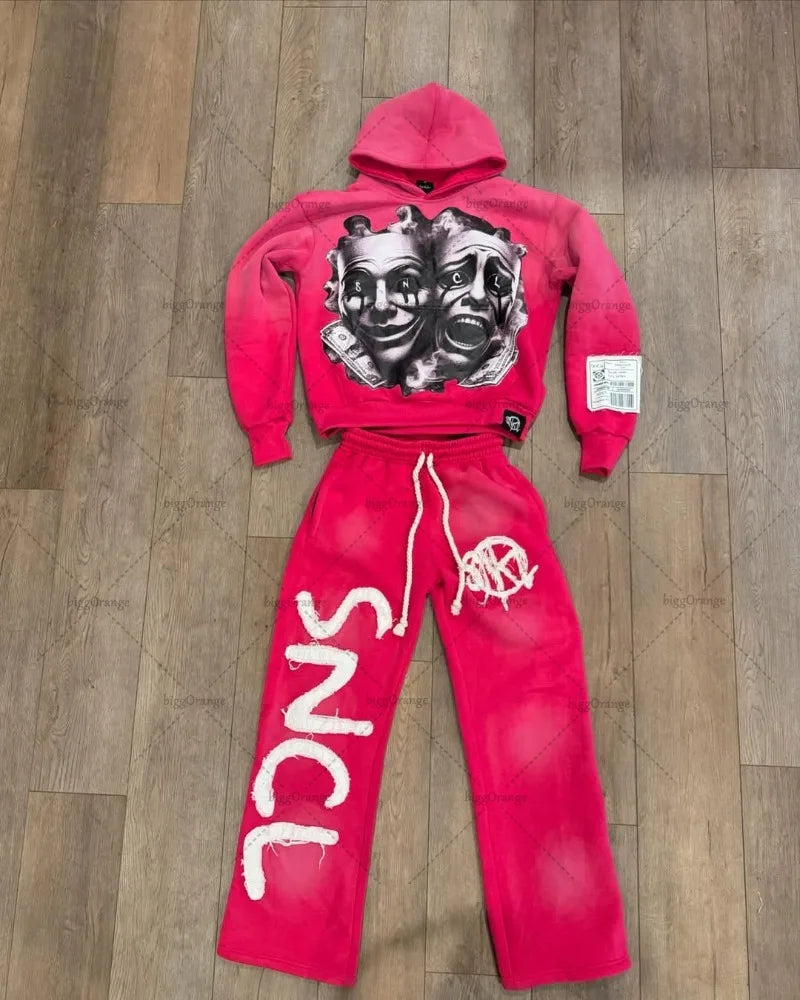 Urban Chaos Y2K Tracksuit – Hot Pink & Black Graphic Streetwear Set