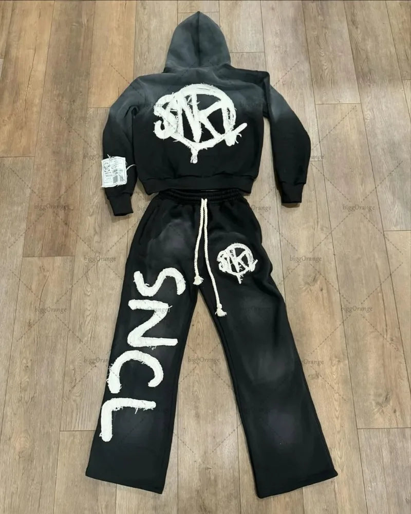 Urban Chaos Y2K Tracksuit – Hot Pink & Black Graphic Streetwear Set