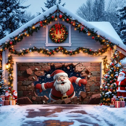 Santa’s Cozy Garage Door Holiday Banner – Brick Wall Christmas Backdrop Décor