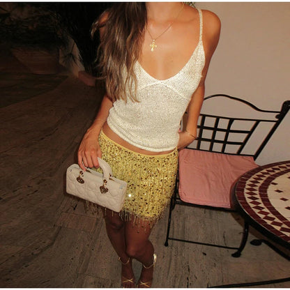 Unique Tassel Sequin Halter Tops Sparkling Waist Cinching Solid Color Mini Skirt Women's Casual Luxury Beach Women Glitter Suits