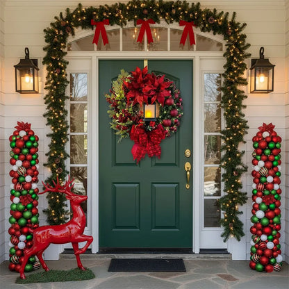30CM Christmas Front Door Wreath – Red Ornament & Pine Garland Holiday Hanging Decor