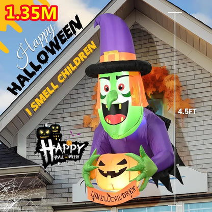 8FT Halloween Inflatables Witch Boiling  Flame Lamp And Climbing the Window Little Ghost With LED Lights Indoor Outdoor Decorate
