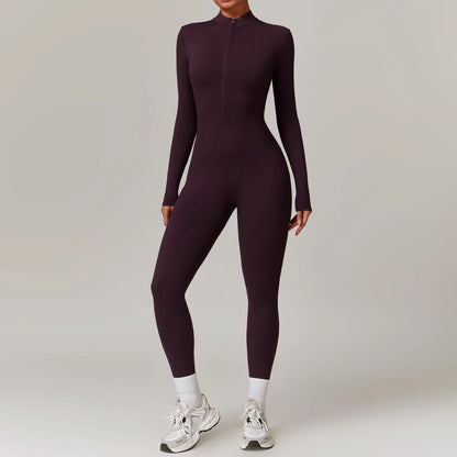 Sculpted Siren One-Piece – Zip-Up Long Sleeve Gym Romper for High-Intensity Confidence