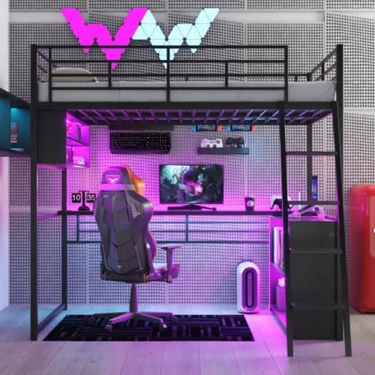 Harper & Bright Designs Full Size Loft Bed with L-Shaped Desk and 4 Storage Shelves, Metal Gaming Loft Bed with LED, Black