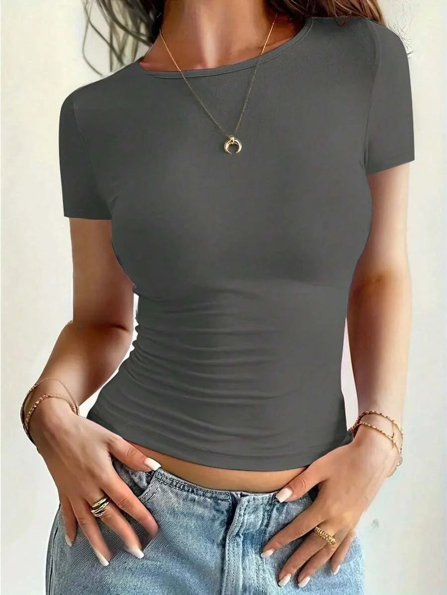 Y2K Women's Slim Fit Scoop Neck Crop Top - Trendy Summer Essential