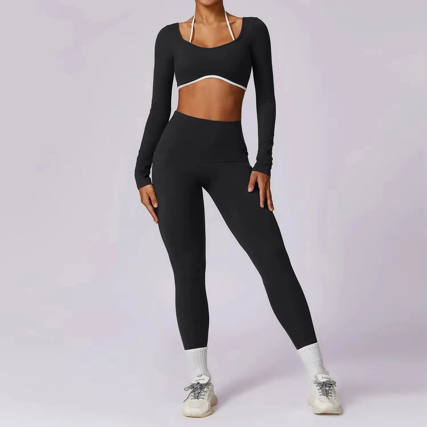 EmpowerFit 2-Piece Workout Set: Sculpting High-Waist Leggings & Long Sleeve Push-Up Sports Bra