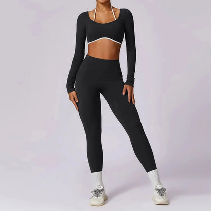 EmpowerFit 2-Piece Workout Set: Sculpting High-Waist Leggings & Long Sleeve Push-Up Sports Bra