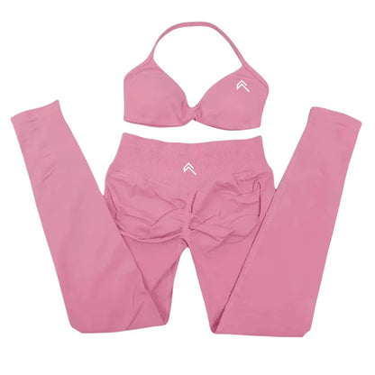 EmpowerFit™ 2-Piece Seamless Yoga Set – Supportive Cross-Back Sports Bra & High-Waist Hip-Lift Shorts