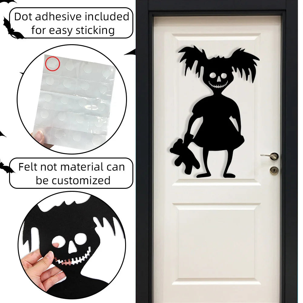 Haunted Shadows Halloween Door & Window Stickers – Skeleton, Witch, Pumpkin, and Ghost DIY Wall Decals for Spooky Home Decor