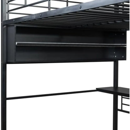 Harper & Bright Designs Full Size Loft Bed with L-Shaped Desk and 4 Storage Shelves, Metal Gaming Loft Bed with LED, Black
