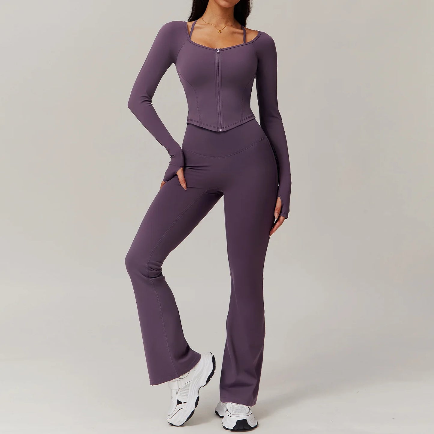 FitFlex 2-Piece Yoga Set: Long Sleeve Crop Top & High-Waist Leggings for Workout & Fitness