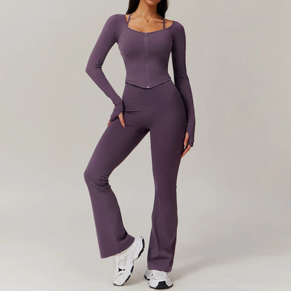 FitFlex 2-Piece Yoga Set: Long Sleeve Crop Top & High-Waist Leggings for Workout & Fitness