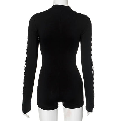 Redline Y2K Moto Jumpsuit – Zip-Up Bodycon Long Sleeve Romper