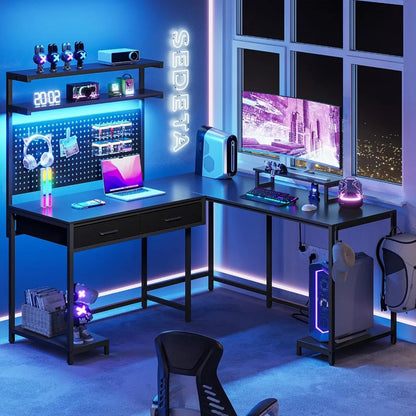 Ultimate Gamer Station™ – L-Shaped RGB Desk with Pegboard, Hutch & Drawers