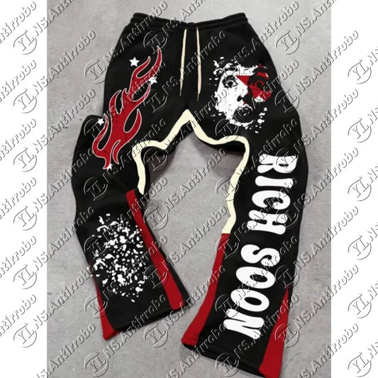 Y2K Flame Streetwear Joggers – “Rich Spirit” Graphic Sweatpants for Men & Women