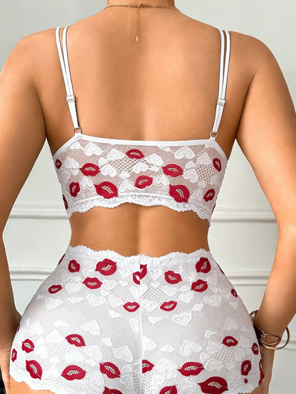 💋 Kiss Me Softly Lace Lingerie Set – Heart Lip Print Valentine’s Two-Piece