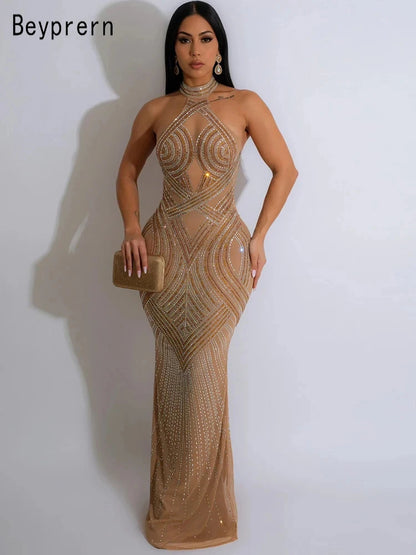 Glam Rhinestone Backless Maxi Dress – Diamond Mesh Party Look