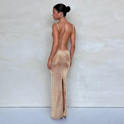 Midnight Muse Sheer Maxi – Backless Summer Party Dress