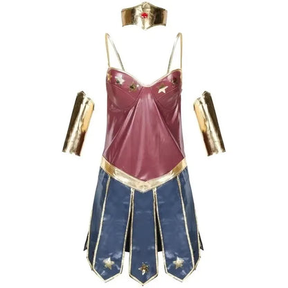 Wonder Hero Cosplay Costume Set – Women’s Leather Warrior Outfit with Corset, Skirt & Accessories