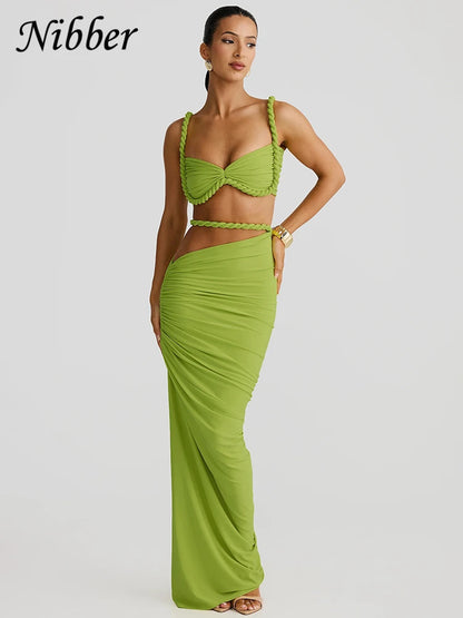 Nibber Sexy Women 2 Piece Set Bandage Ruched Square Collar Bra+Skinny Long Skirts 2025 Summer Vacation Beach Party Trend Suits