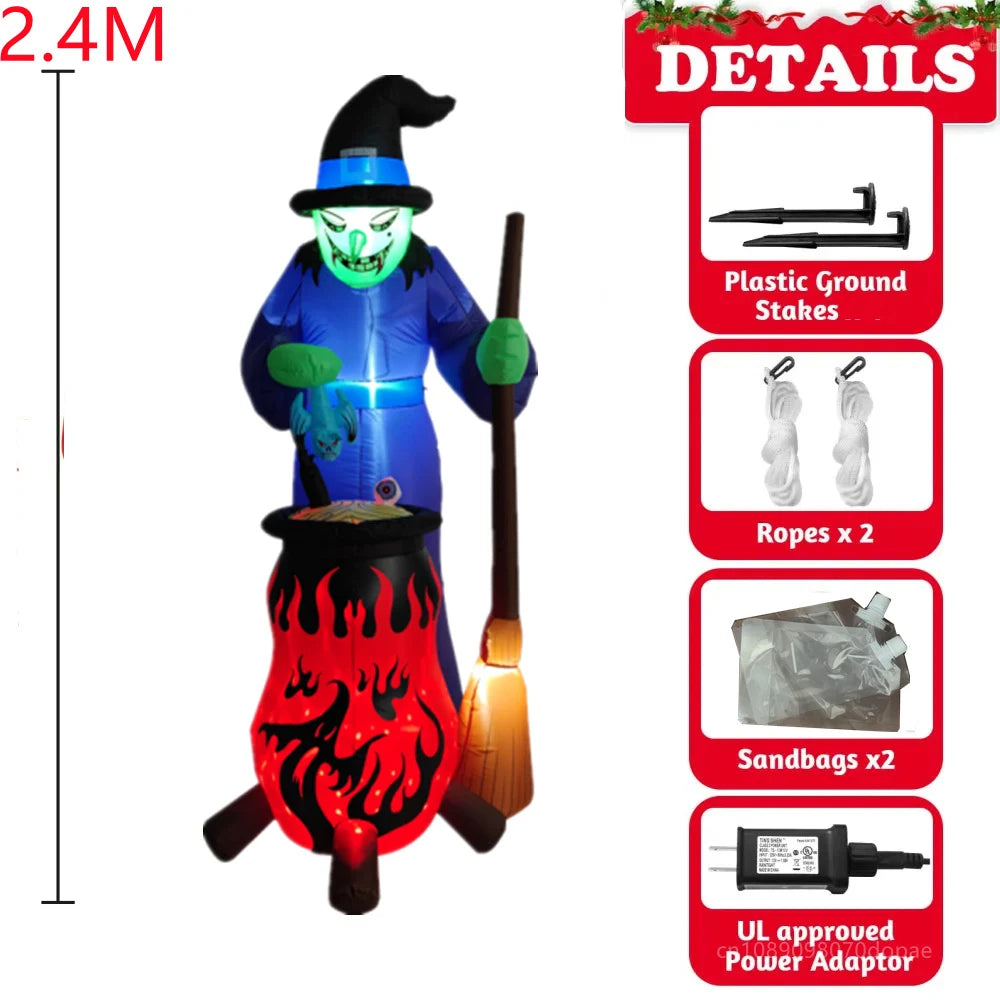 8FT Halloween Inflatables Witch Boiling  Flame Lamp And Climbing the Window Little Ghost With LED Lights Indoor Outdoor Decorate