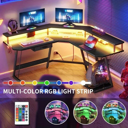 GlowZone™ RGB Gaming Desk – Corner Setup with Power Ports