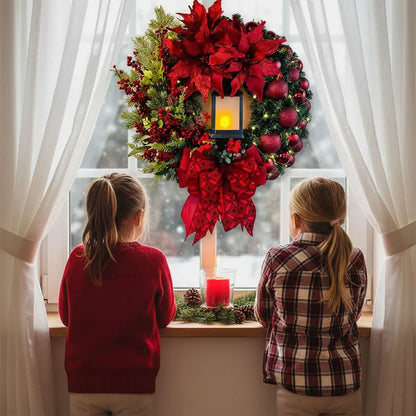 30CM Christmas Front Door Wreath – Red Ornament & Pine Garland Holiday Hanging Decor