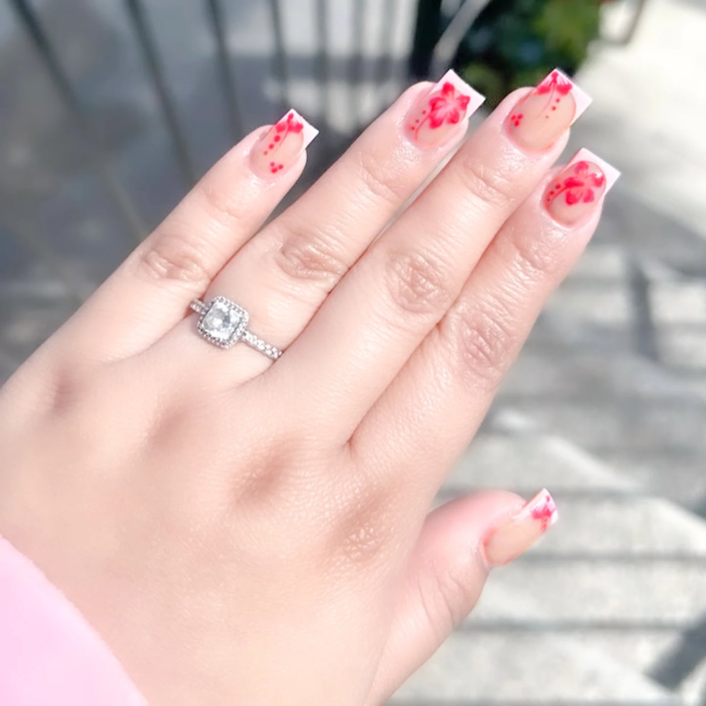 Chic Black French Press-On Nails with Pink Flower Charms – Stylish & Detachable Square Tips for Women & Girls