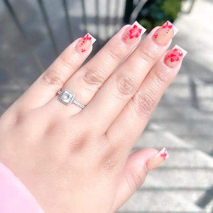 Chic Black French Press-On Nails with Pink Flower Charms – Stylish & Detachable Square Tips for Women & Girls