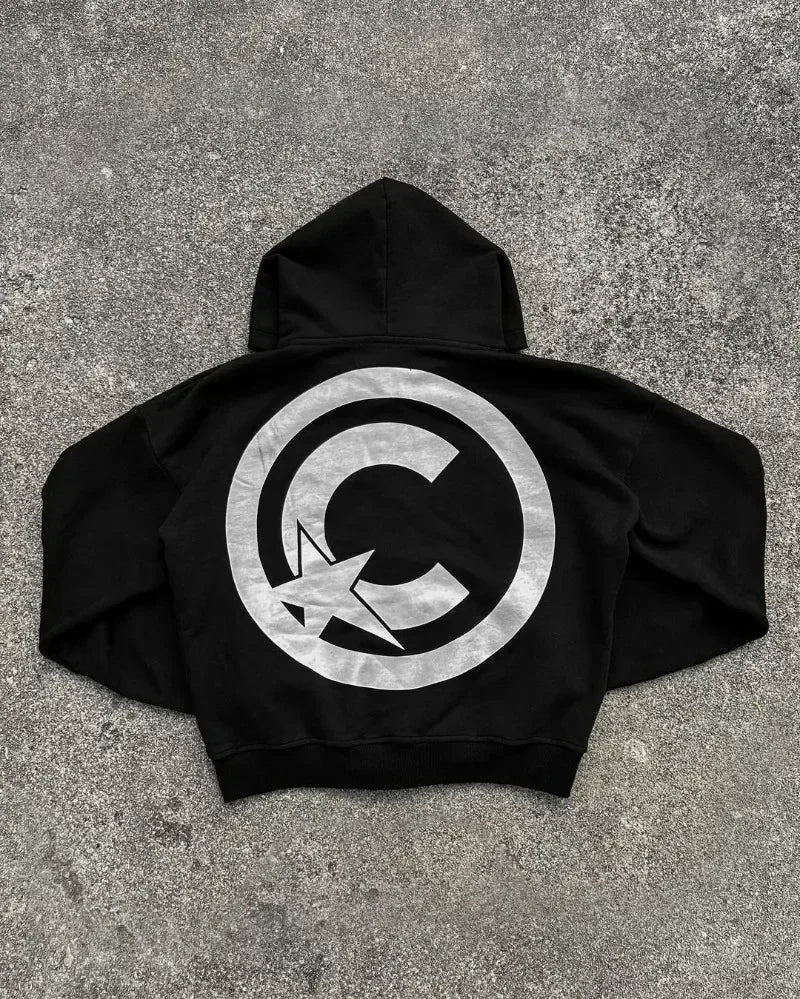 Y2K Oversized Hoodie – Embroidered Zipper Sweatshirt with Gothic Harajuku Vibes