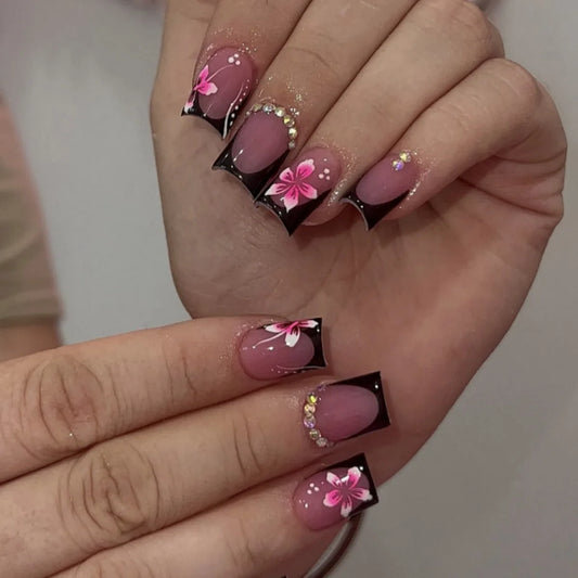 Chic Black French Press-On Nails with Pink Flower Charms – Stylish & Detachable Square Tips for Women & Girls