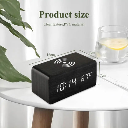Wooden Digital Alarm Clock 3 Alarms Led Display with Wireless Charging Electronic Alarm Clock For Bedroom Bedside Office