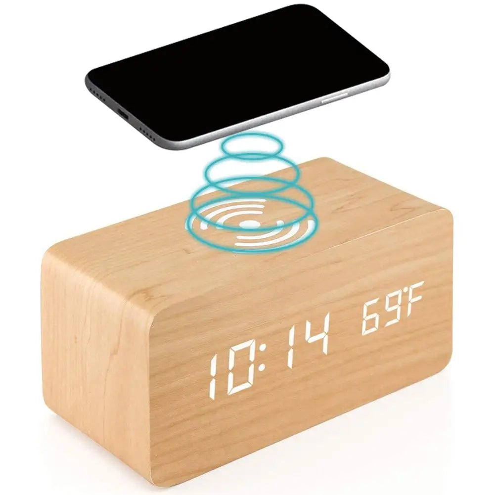 Wooden Digital Alarm Clock 3 Alarms Led Display with Wireless Charging Electronic Alarm Clock For Bedroom Bedside Office